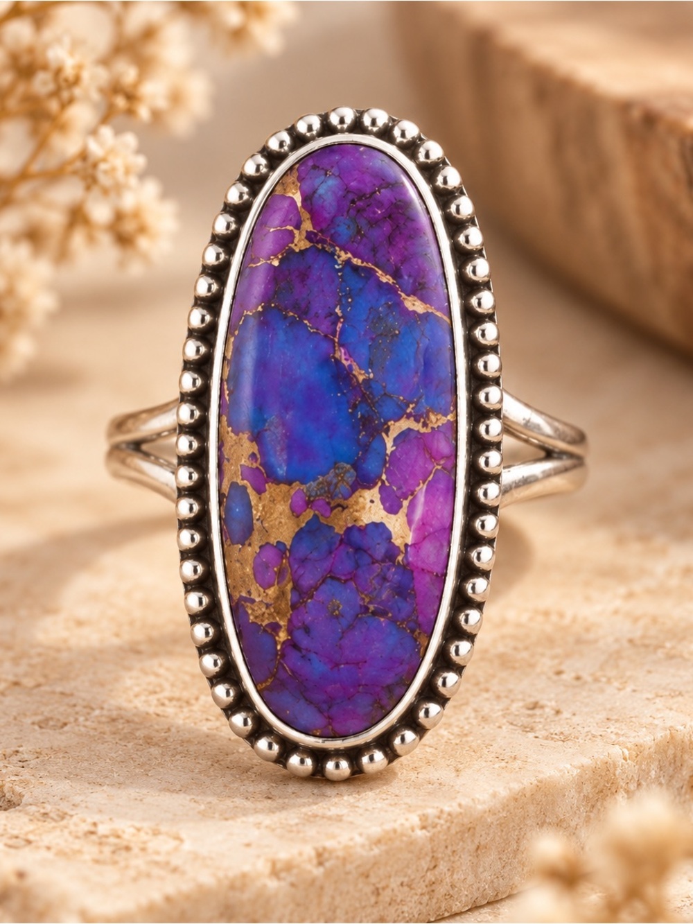Purple Turquoise Statement Ring Silver Tone Oval Size 6